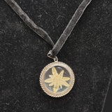Vintage Fabric Flower in silver Frame Pendant on Velvet Necklace.