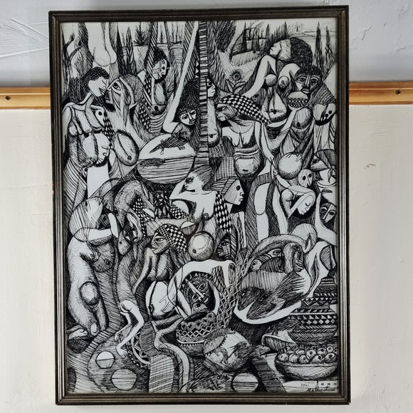 Pen and Ink Drawing by Malangatana Ngwenya (1936 - 2011) Dated 1990
