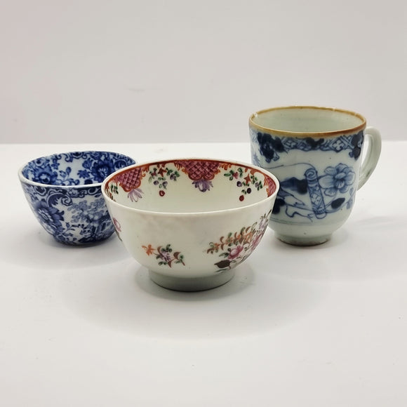 Collection of Three Antique Cups/Bowls Meissen, Worcester, and Staffordshire.