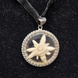 Vintage Fabric Flower in silver Frame Pendant on Velvet Necklace.