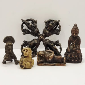 Collection of Bronze Antique Eastern Diety Buddhas Dorje Vajra and Dog of Foo
