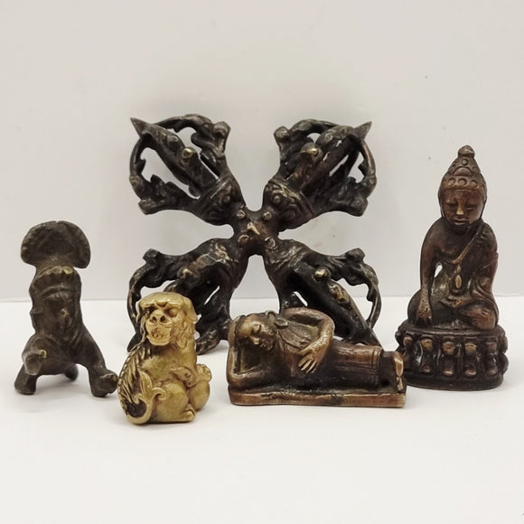 Collection of Bronze Antique Eastern Diety Buddhas Dorje Vajra and Dog of Foo