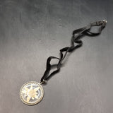 Vintage Fabric Flower in silver Frame Pendant on Velvet Necklace.