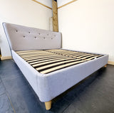 Here is a second hand grey king size bed that's fits a 5 foot wide king-size mattress. The frame has some minor dust marks on it but is in good condition with all parts accounted for.  Measures 220cm Long x 174cm wide x 103cm high. 