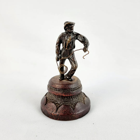 Small Antique Bronze Fisherman Holding a Rope