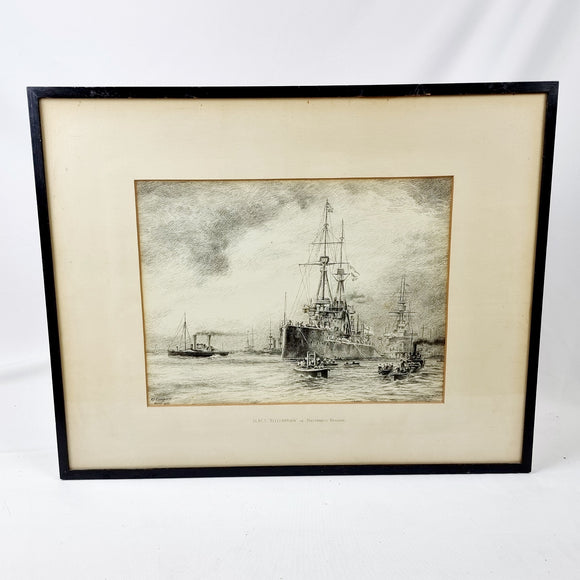Pen and Ink Drawing of HMS Bellerophon in Portsmouth Harbour by P. J. Cowham