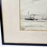 Pen and Ink Drawing of HMS Bellerophon in Portsmouth Harbour by P. J. Cowham