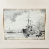 Pen and Ink Drawing of HMS Bellerophon in Portsmouth Harbour by P. J. Cowham