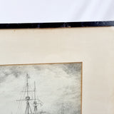 Pen and Ink Drawing of HMS Bellerophon in Portsmouth Harbour by P. J. Cowham