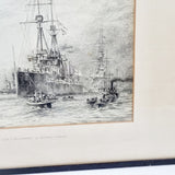 Pen and Ink Drawing of HMS Bellerophon in Portsmouth Harbour by P. J. Cowham