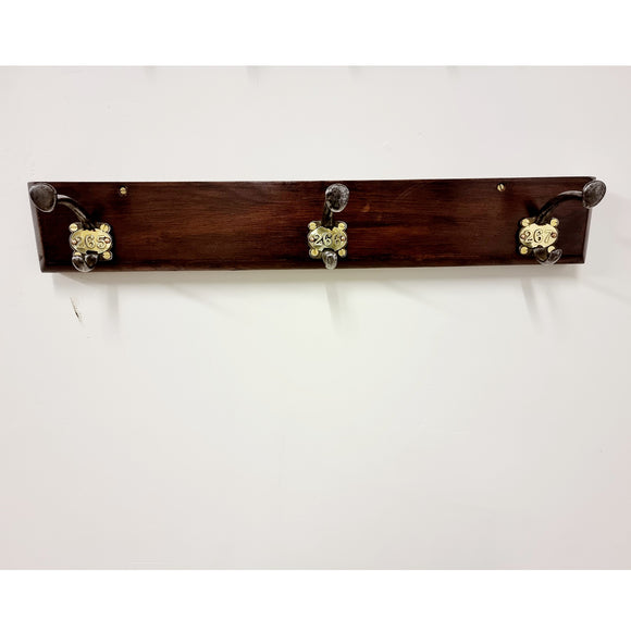 Three Antique School Hooks / Hangers with Brass Numbers