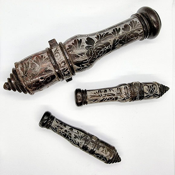 Three Floral Carved Soapstone Chinese Cannons