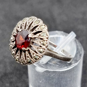 Silver Marcasite and Garnet Ring Size K.