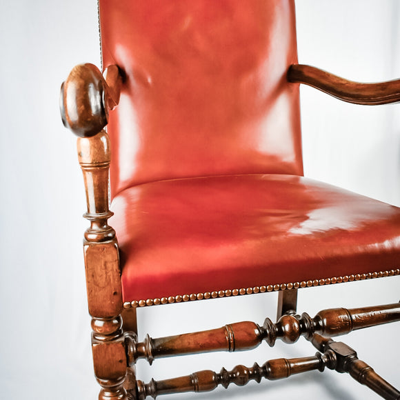 Red Leather Oak Elbow Chair