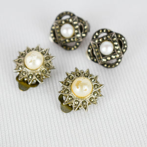 Marcasite faux pearl clip on earrings