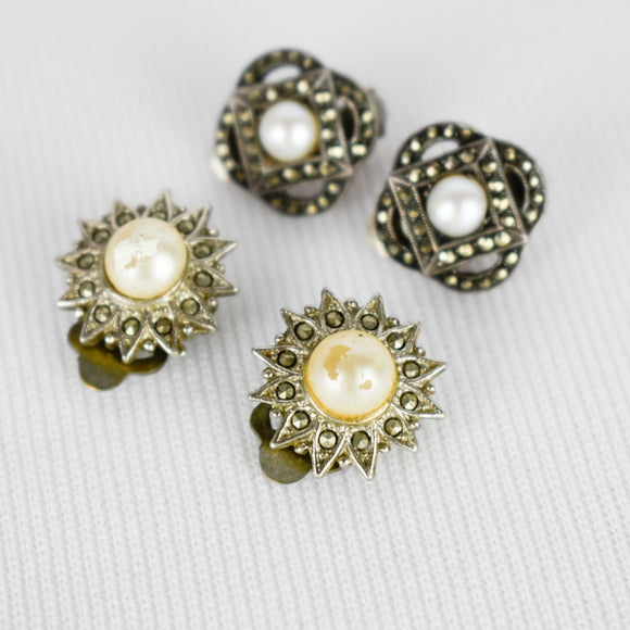 Marcasite faux pearl clip on earrings