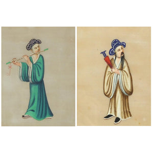 Antique Pair of Rice Paper Watercolour Chinese paintings