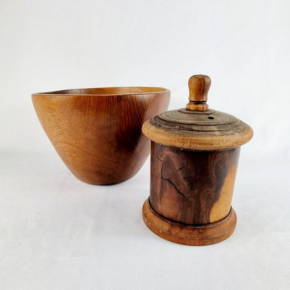 Antique Lignum Vitae String Box with Turned Wooden Bowl