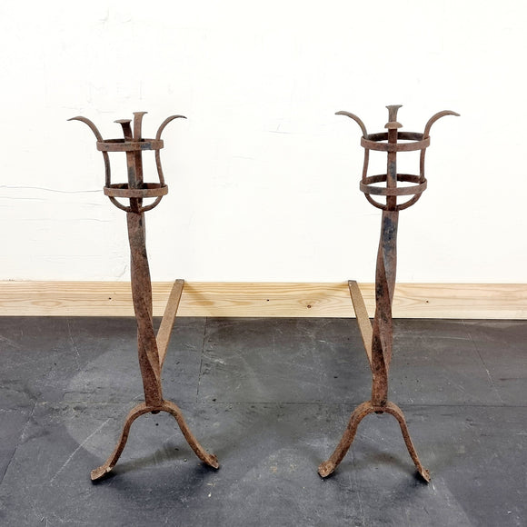 Pair Antique 20th Century Wrounght Iron Firedogs