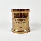 Victorian bronze imerial quart measure. Etched to the front Imperial Quart, Division of Hang, West. North Riding, Yorkshire. 1835. Numbered stamped to the bottom 652, and Royal victorian marks to the top and dated 1893 for approval of use and measure of the imperial quart. The imperial quart measures to 1/4 of a gallon. To  measure liquid or dry goods.   Measures: Height 13.5cm, Diameter 12.5cm.