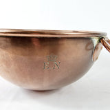 Victorian chocolatier large copper mixing bowl with brass handle. Showing Etched Makers mark under a crown with the initials E.N to the side of the copper bowl