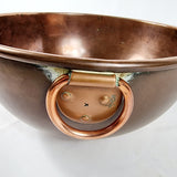 Victorian chocolatier large copper mixing bowl showing brass handle. Slight wear around the handle due to age