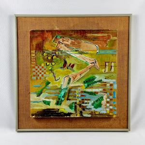 1975 mixed media by Howard. An eye catching 1970s mixed media painting on board, which is then fixed to a hessian cover wooden board to a grey frame. Signed lower left corner Howard 75. Howard has used different materials as well as painting this unique piece of artwork.   Measures: Height 56.3cm, Width 55.8cm, Depth 5cm