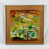 1975 mixed media by Howard. An eye catching 1970s mixed media painting on board, which is then fixed to a hessian cover wooden board to a grey frame. Signed lower left corner Howard 75. Howard has used different materials as well as painting this unique piece of artwork.   Measures: Height 56.3cm, Width 55.8cm, Depth 5cm