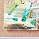 1975 mixed media by Howard. An eye catching 1970s mixed media painting on board, which is then fixed to a hessian cover wooden board to a grey frame. Signed lower left corner Howard 75. Howard has used different materials as well as painting this unique piece of artwork.  Showing signature of artist Measures: Height 56.3cm, Width 55.8cm, Depth 5cm