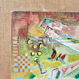 1975 mixed media by Howard. An eye catching 1970s mixed media painting on board, which is then fixed to a hessian cover wooden board to a grey frame. Signed lower left corner Howard 75. Howard has used different materials as well as painting this unique piece of artwork.   Measures: Height 56.3cm, Width 55.8cm, Depth 5cm