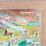 1975 mixed media by Howard. An eye catching 1970s mixed media painting on board, which is then fixed to a hessian cover wooden board to a grey frame. Signed lower left corner Howard 75. Howard has used different materials as well as painting this unique piece of artwork.   Measures: Height 56.3cm, Width 55.8cm, Depth 5cm
