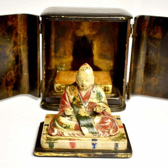 Travelers 19th Century Japanese Buddha/ deity in black lacquered case - Attrells