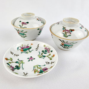 Pair of Cantonese Chinese Rice Bowls with a Plate
