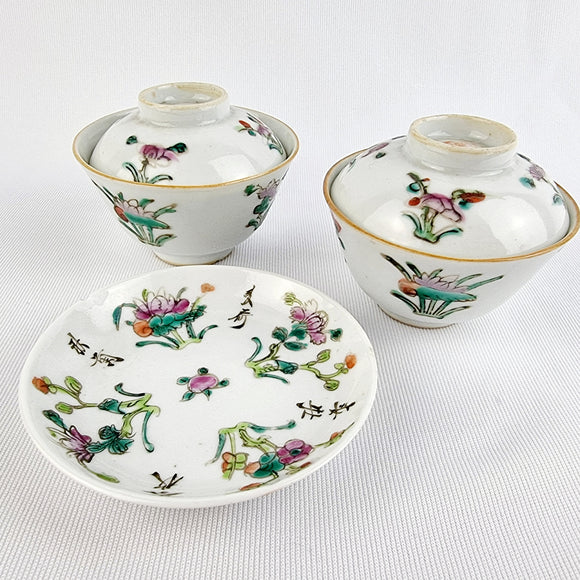 Pair of Cantonese Chinese Rice Bowls with a Plate