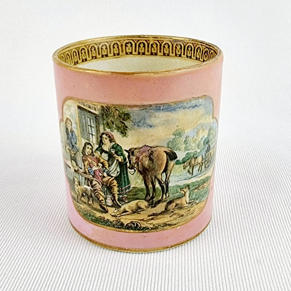 Pink Prattware Mug Depicting Cavalier at Inn