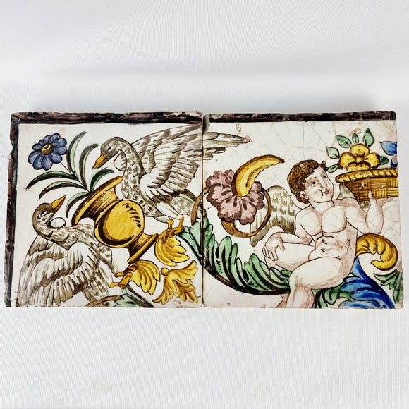 Antique Italian Tiles of a Cherub and Birds
